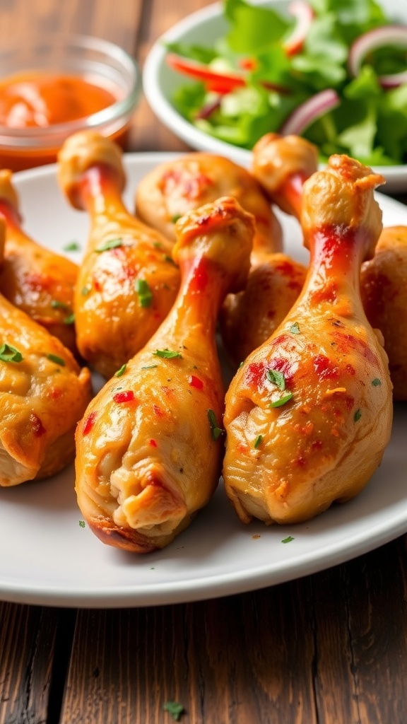 Crispy baked chicken drumsticks on a plate, garnished with herbs, served with dipping sauce and salad.